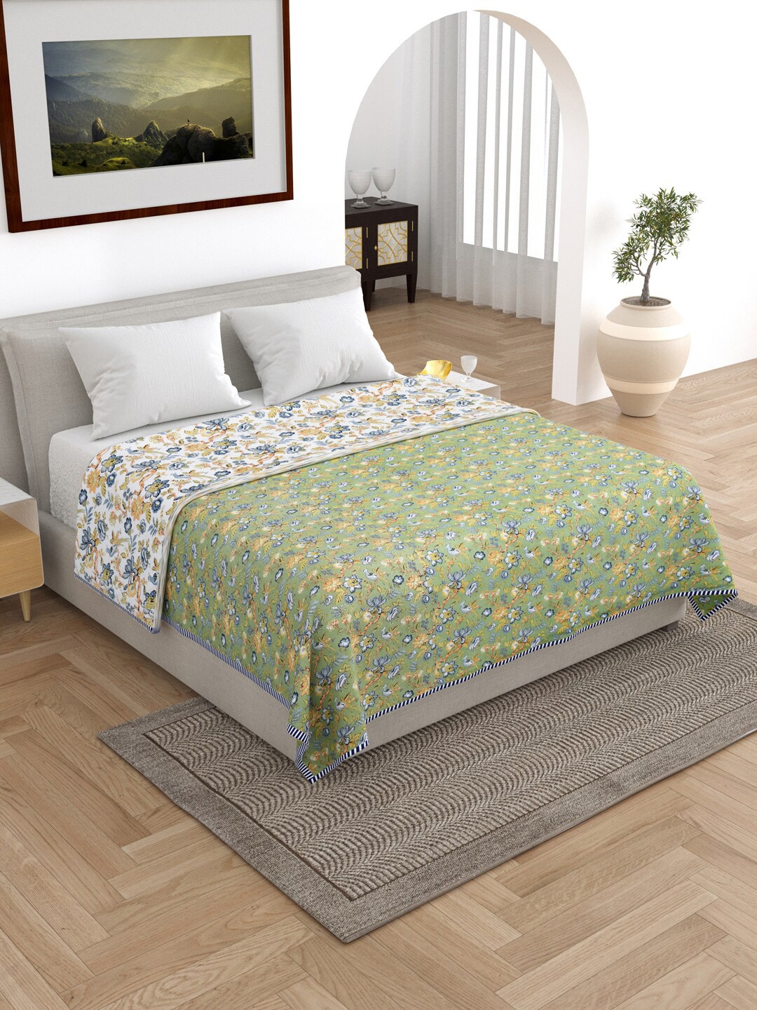 

RAASO Green & White Floral Reversible AC Room 150 GSM Cotton Double Bed Dohar
