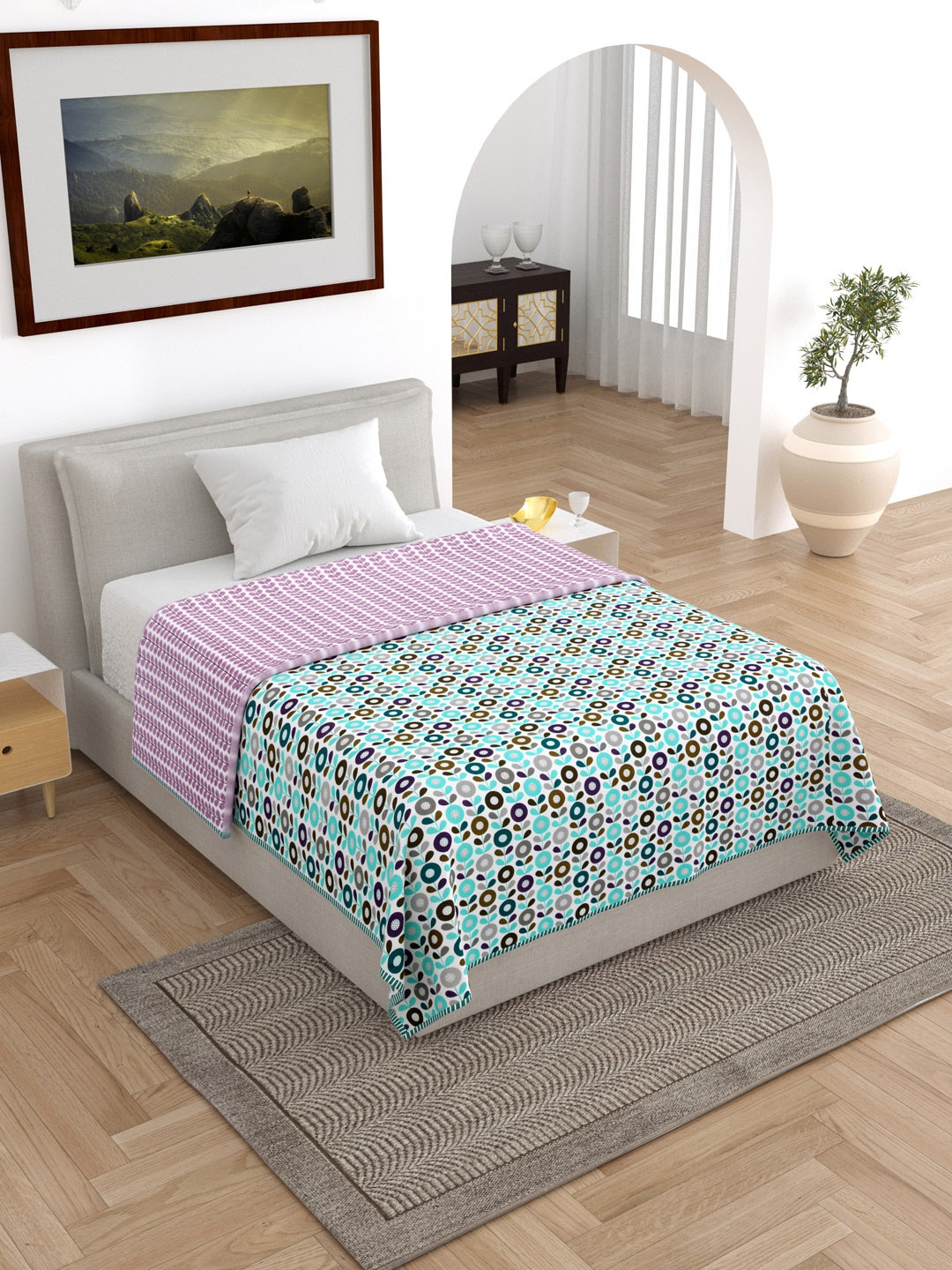 

RAASO Blue & Purple Reversible Geometric AC Room 150 GSM Cotton Single Bed Dohar