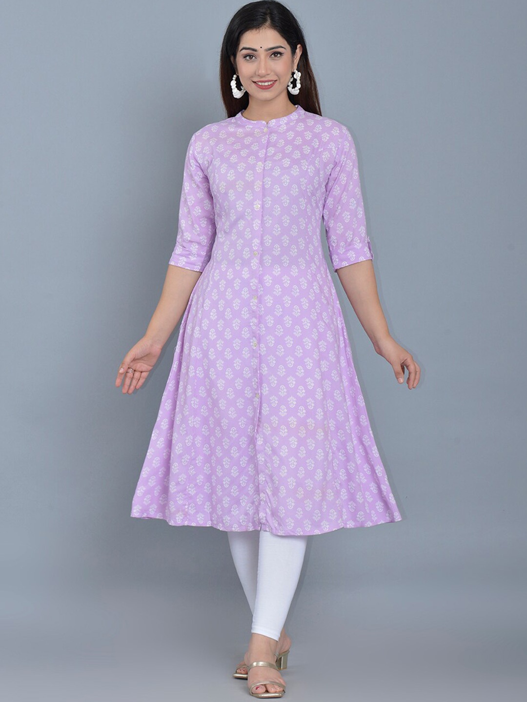 

Bachuu Ethnic Motifs Printed Mandarin Collar A-Line Kurta, Lavender