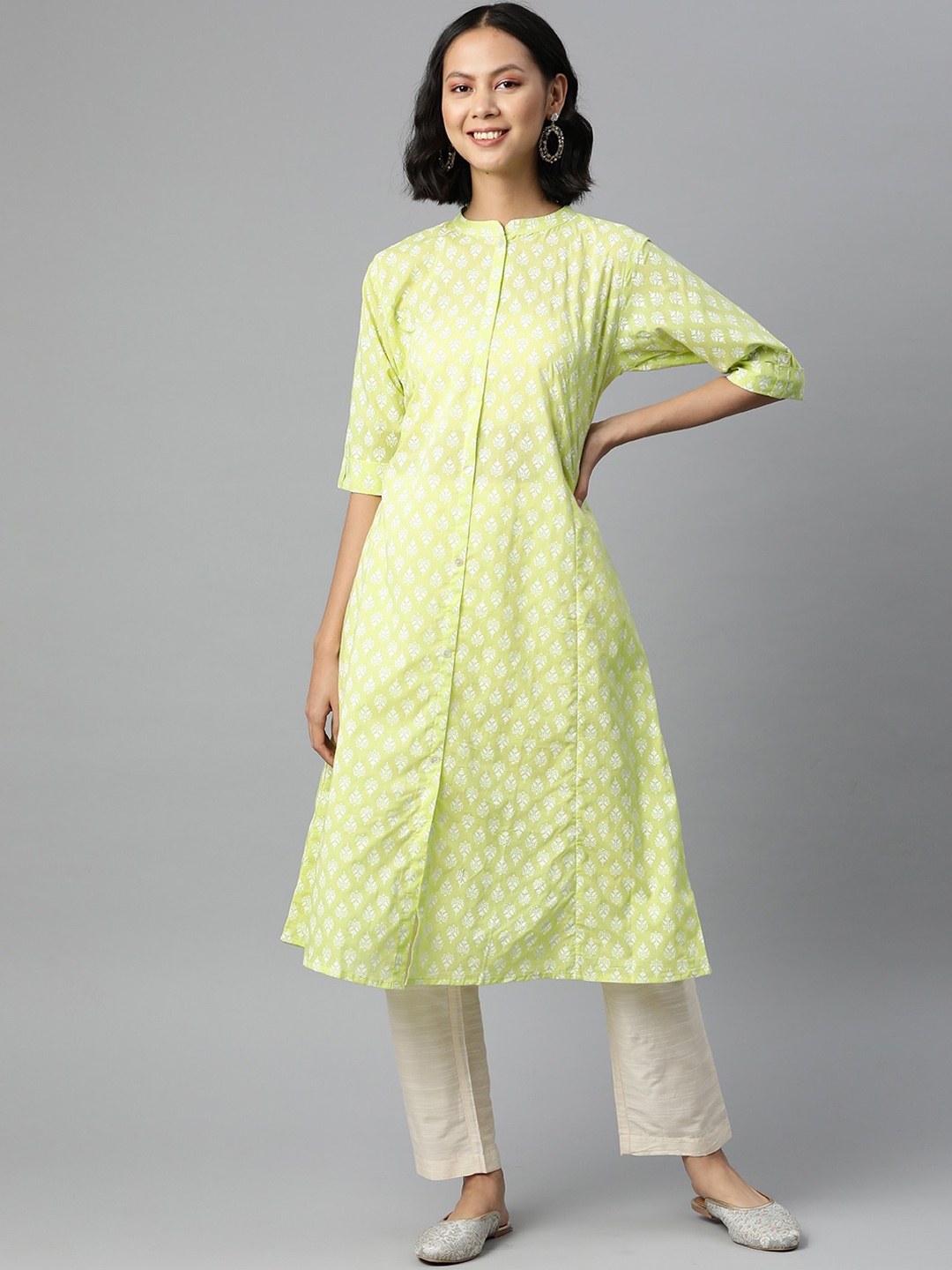 

Bachuu Ethnic Motifs Printed Mandarin Collar A-Line Kurta, Lime green