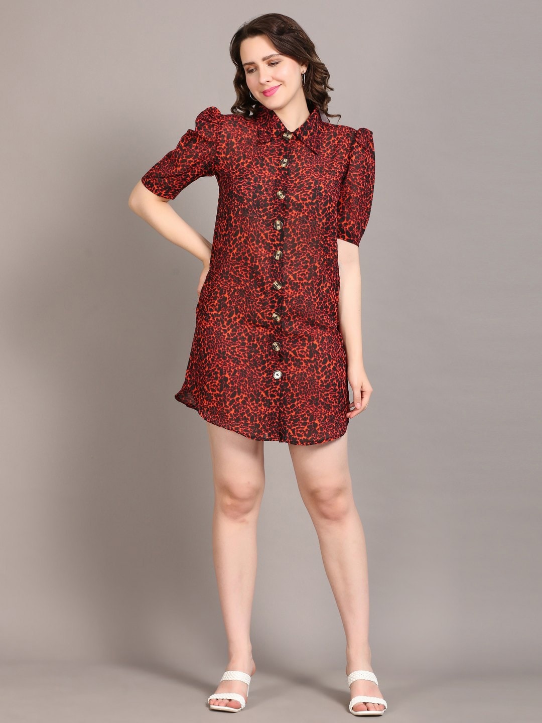 

DESI WOMANIYA Animal Print Georgette Shirt Dress, Red