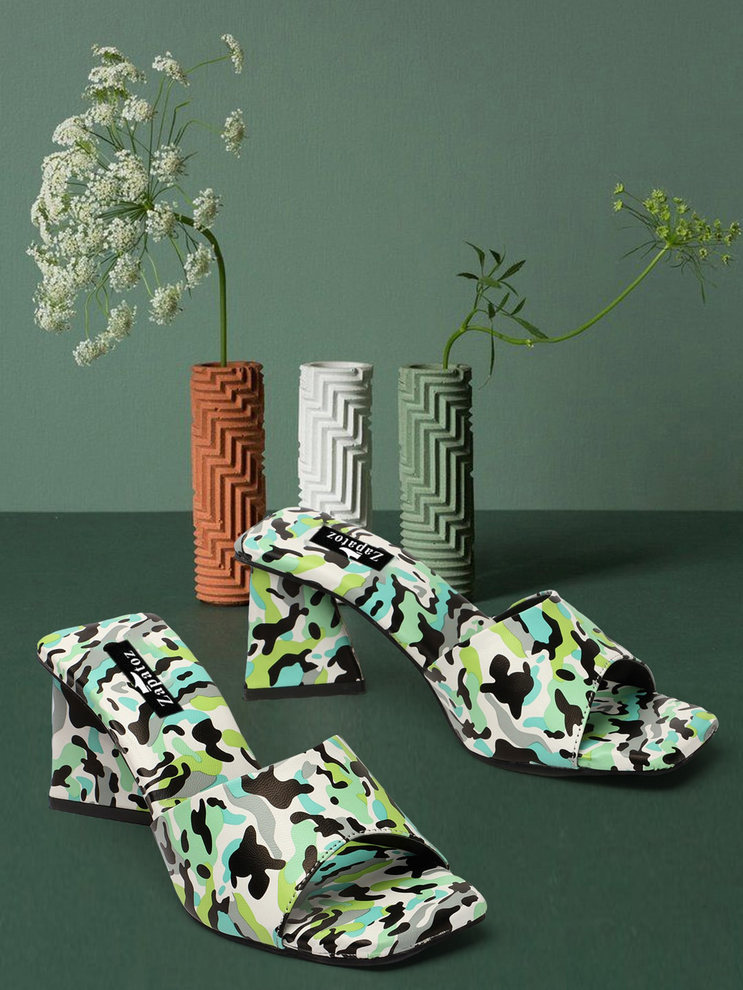 

ZAPATOZ Abstract Printed Comfortable Open Toe Block Heels, Green
