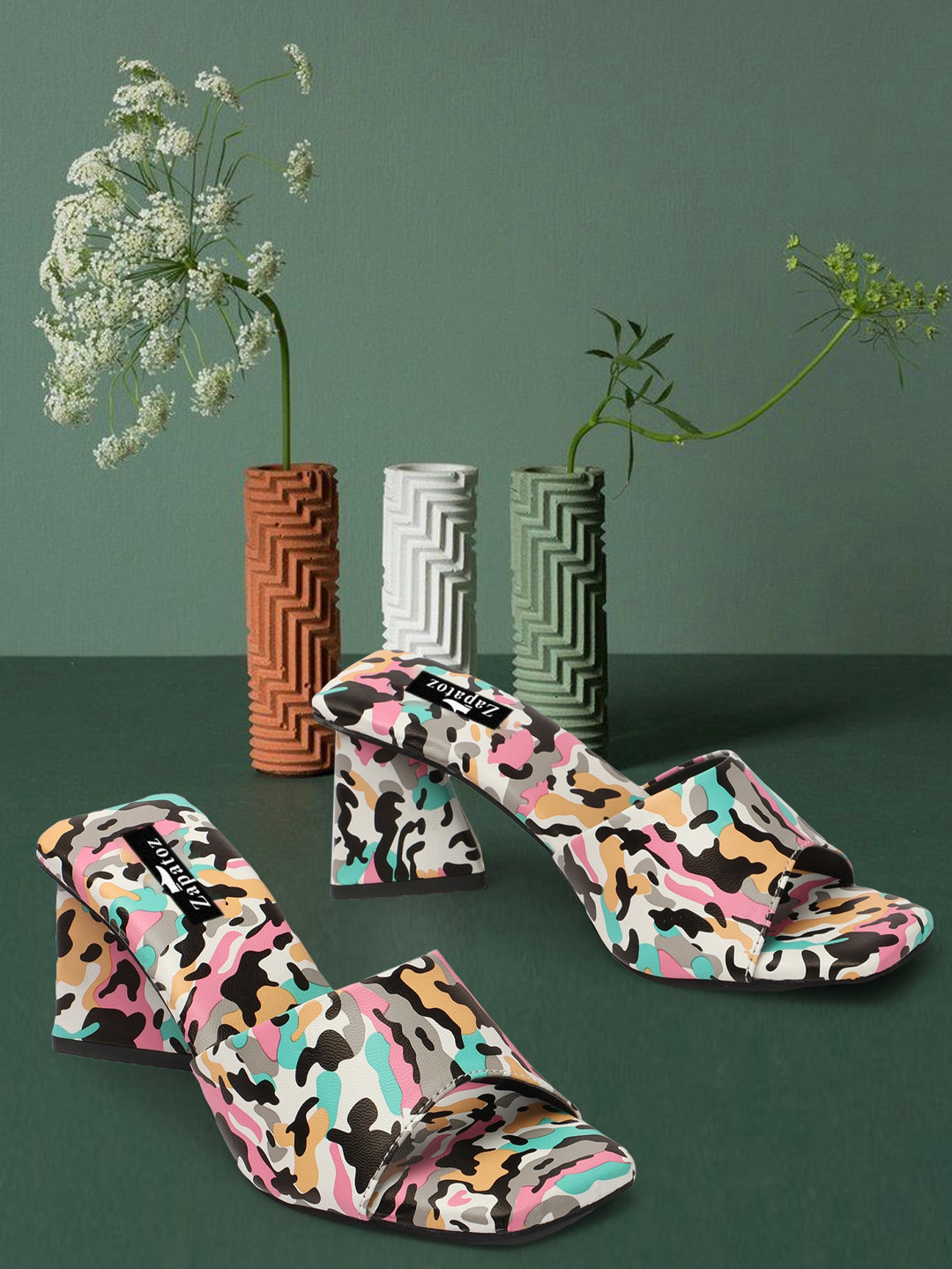 

ZAPATOZ Printed Comfortable Open Toe Block Heels, Pink