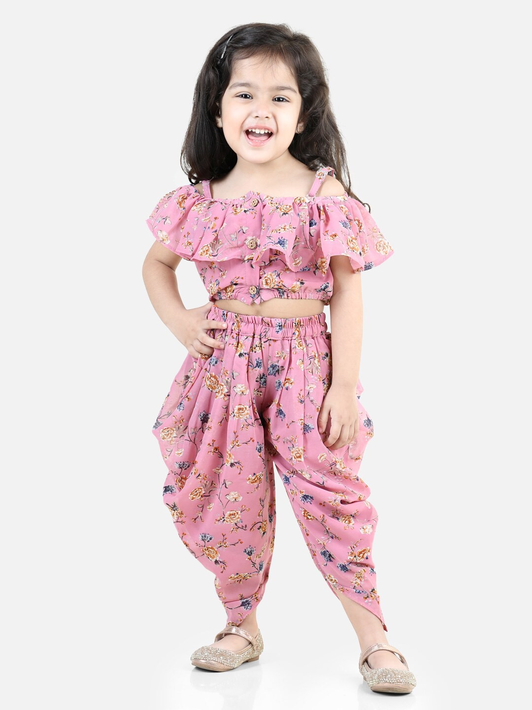 

BownBee Girls Printed Ruffled Top With Dhoti Pants Set, Pink