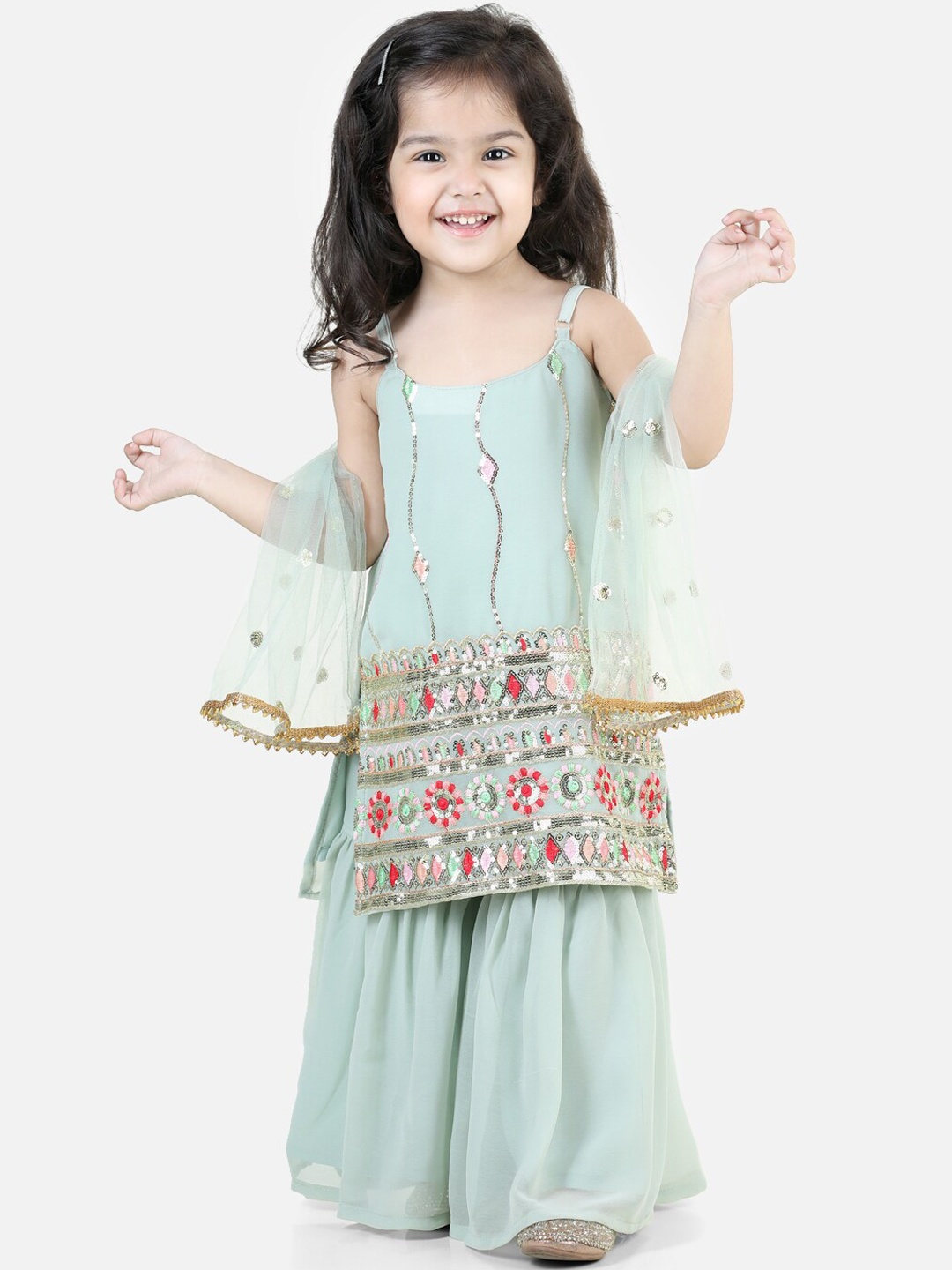 

BownBee Girls Ethnic Motifs Embroidered Sequined Kurta with Sharara & Dupatta, Blue