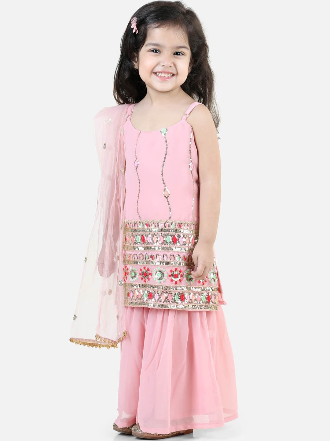 

BownBee Girls Floral Embroidered Regular Sequinned Kurta with Sharara & Dupatta, Pink