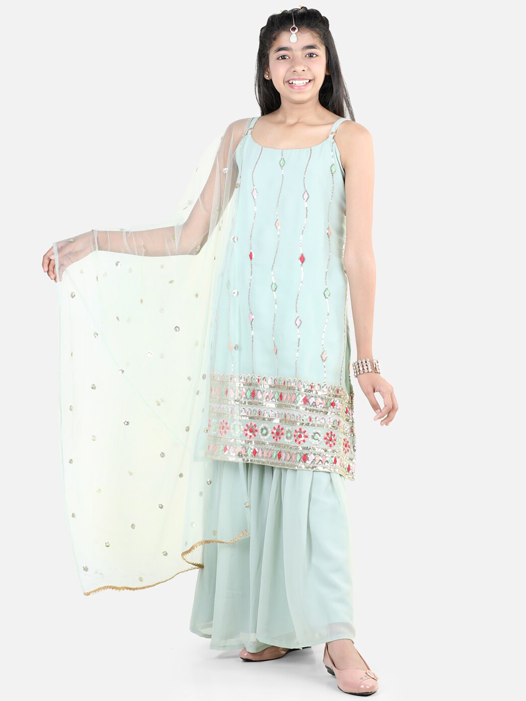 

BownBee Girls Embroidered Regular Kurta with Sharara and Dupatta, Blue