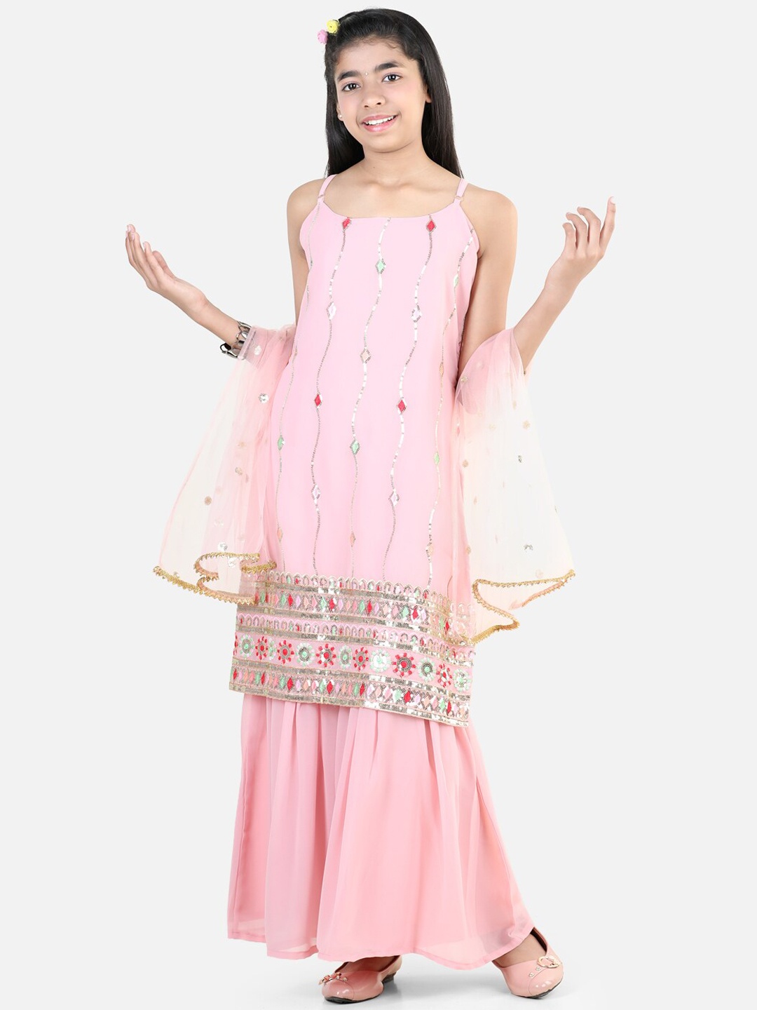 

BownBee Girls Embroidered Regular Kurta with Sharara and Dupatta, Pink