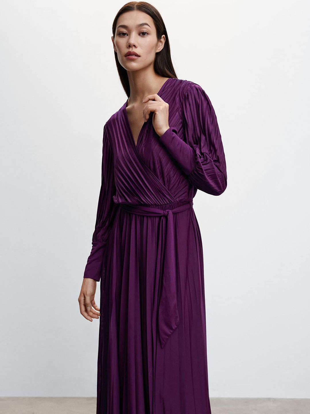 

MANGO Accordion Pleated Wrap Midi Dress, Purple
