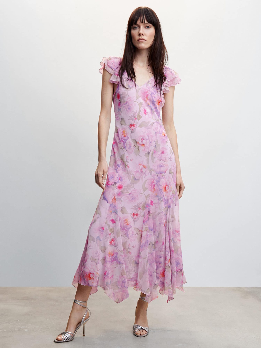 

MANGO Floral Printed Flutter Sleeves A-Line Midi Dress, Pink