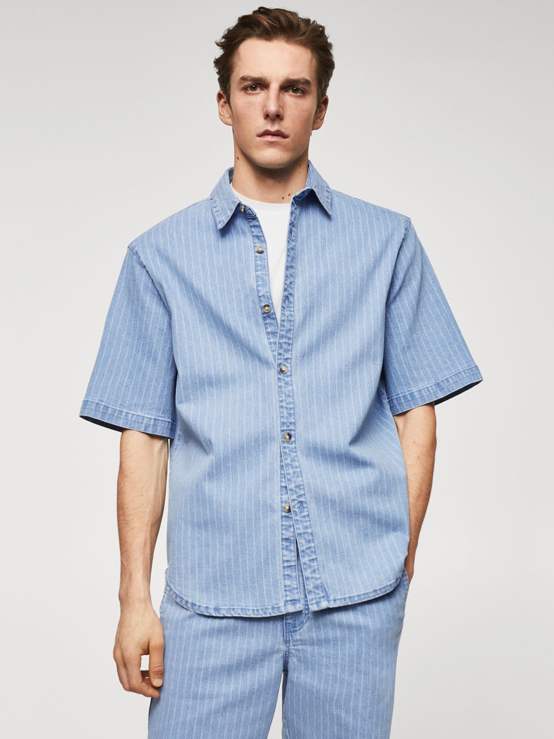 

MANGO MAN Striped Woven Design Denim Casual Shirt, Blue