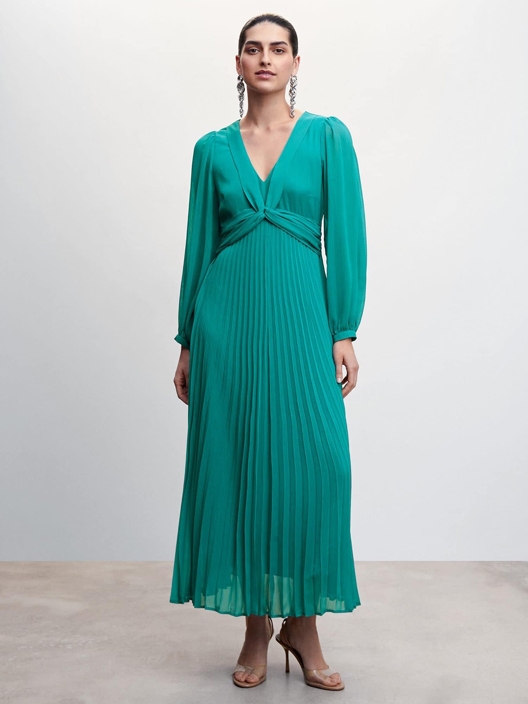 

MANGO Puff Sleeves Layered Empire Midi Dress, Sea green