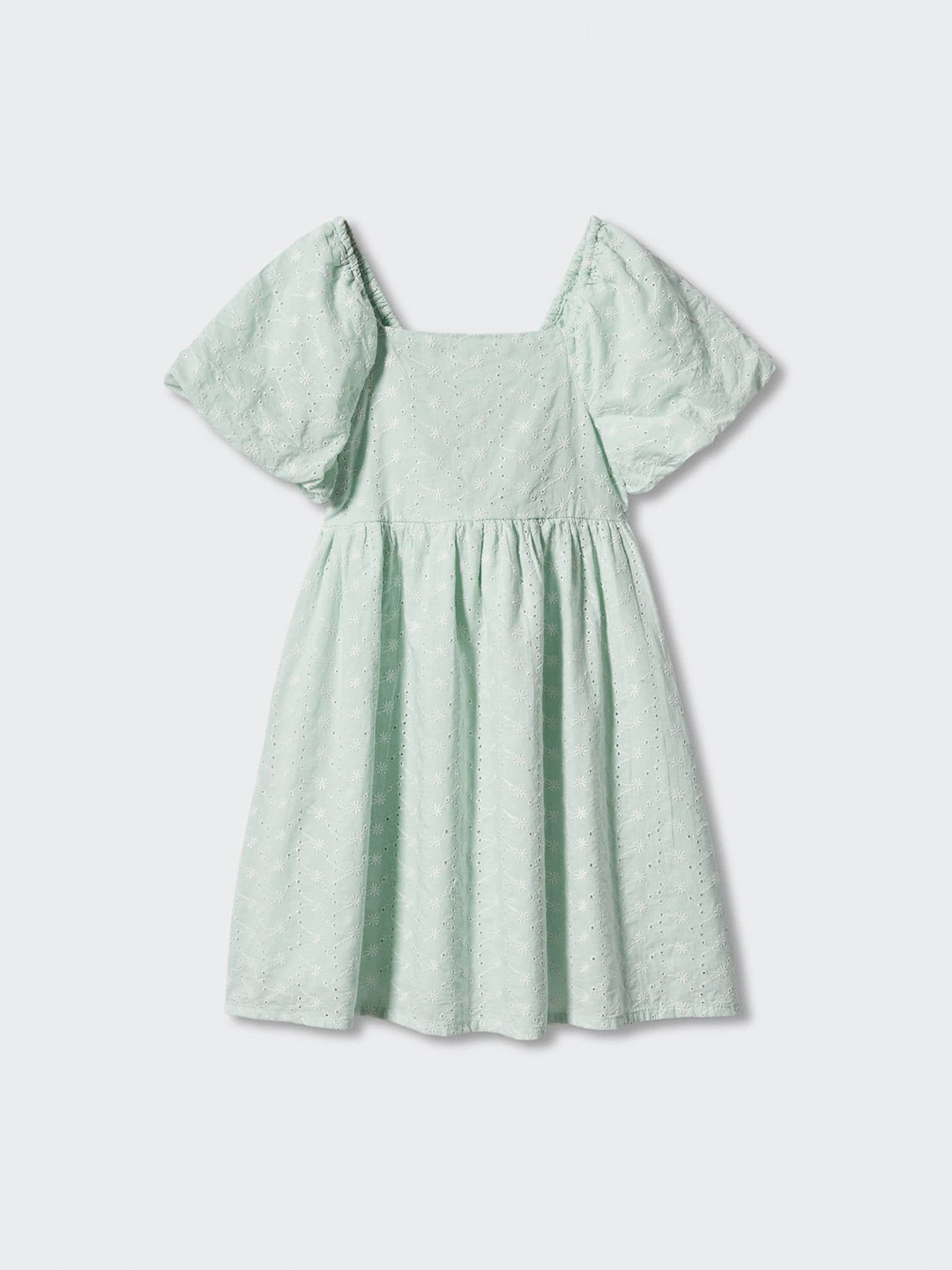 

Mango Kids Floral Embroidered Puff Sleeve Fit & Flare Dress, Green