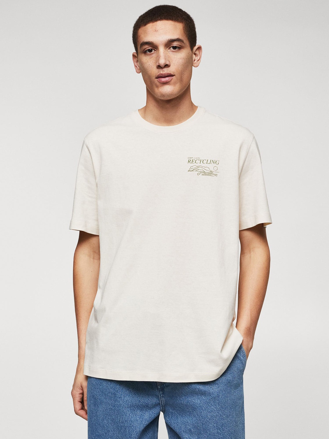 

MANGO MAN Printed Detail Pure Cotton T-shirt, Off white