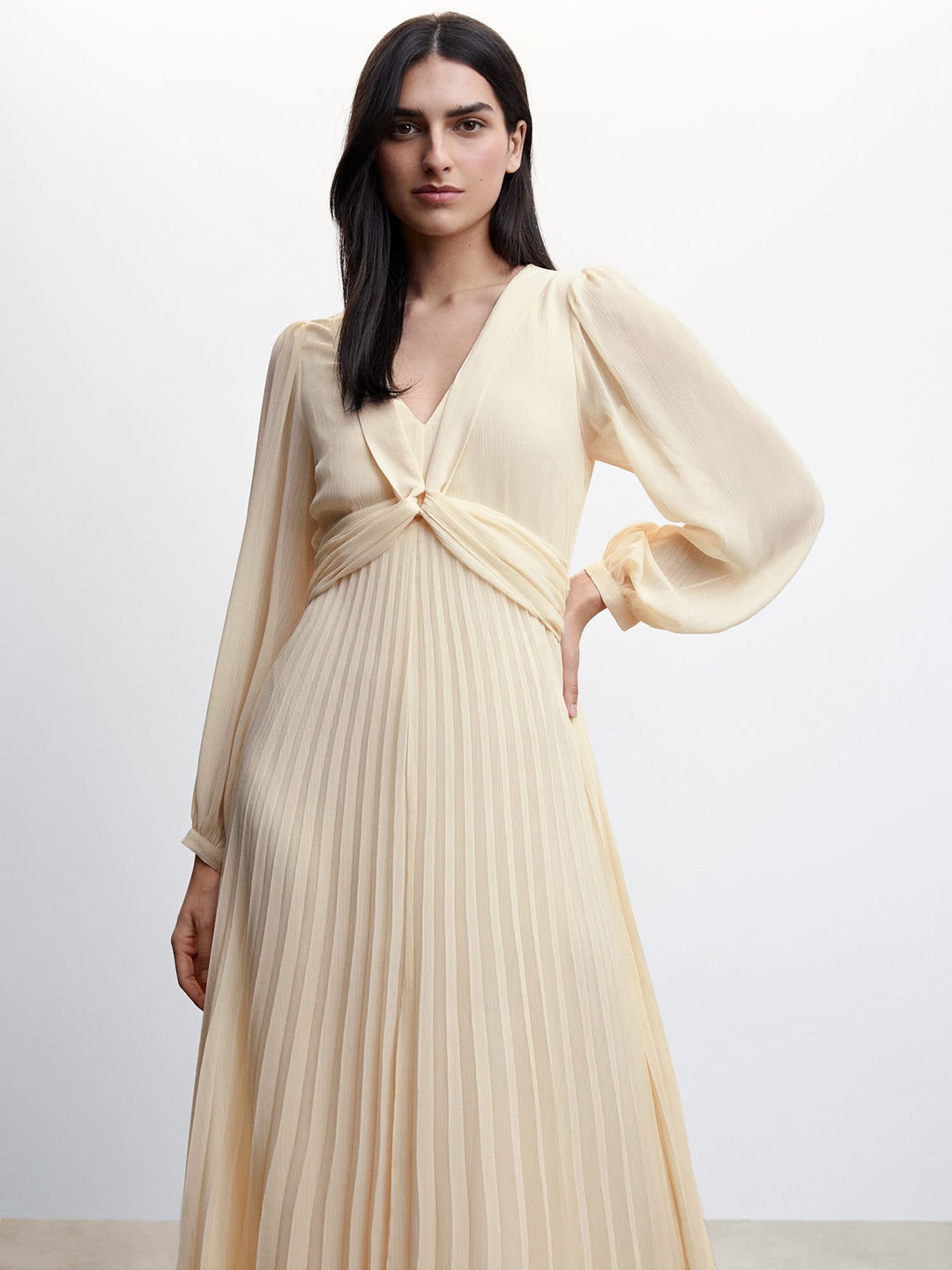

MANGO Twisted Detail Accordion Pleated Maxi Dress, Cream