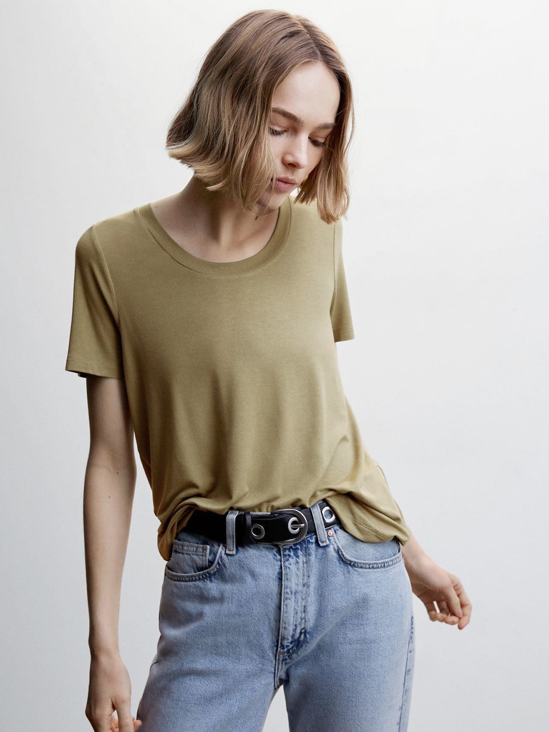 

MANGO Round Neck Knitted T-shirt, Olive