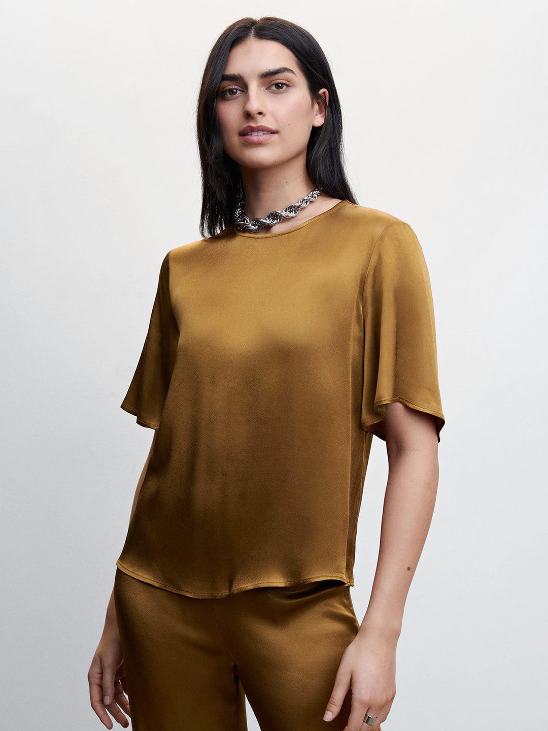 

MANGO Satin Finish Flared Sleeves Top, Brown