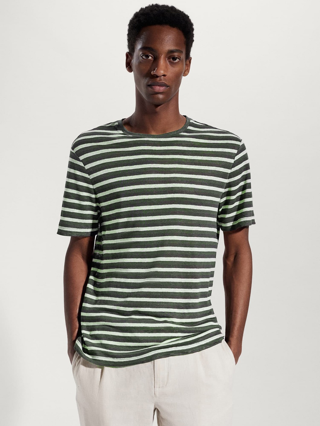 

MANGO MAN Striped Linen T-shirt, White