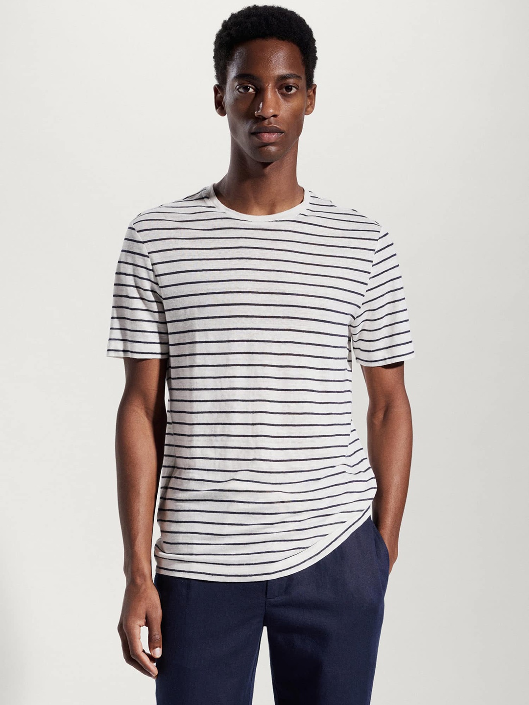 

MANGO MAN Striped Linen T-shirt, White