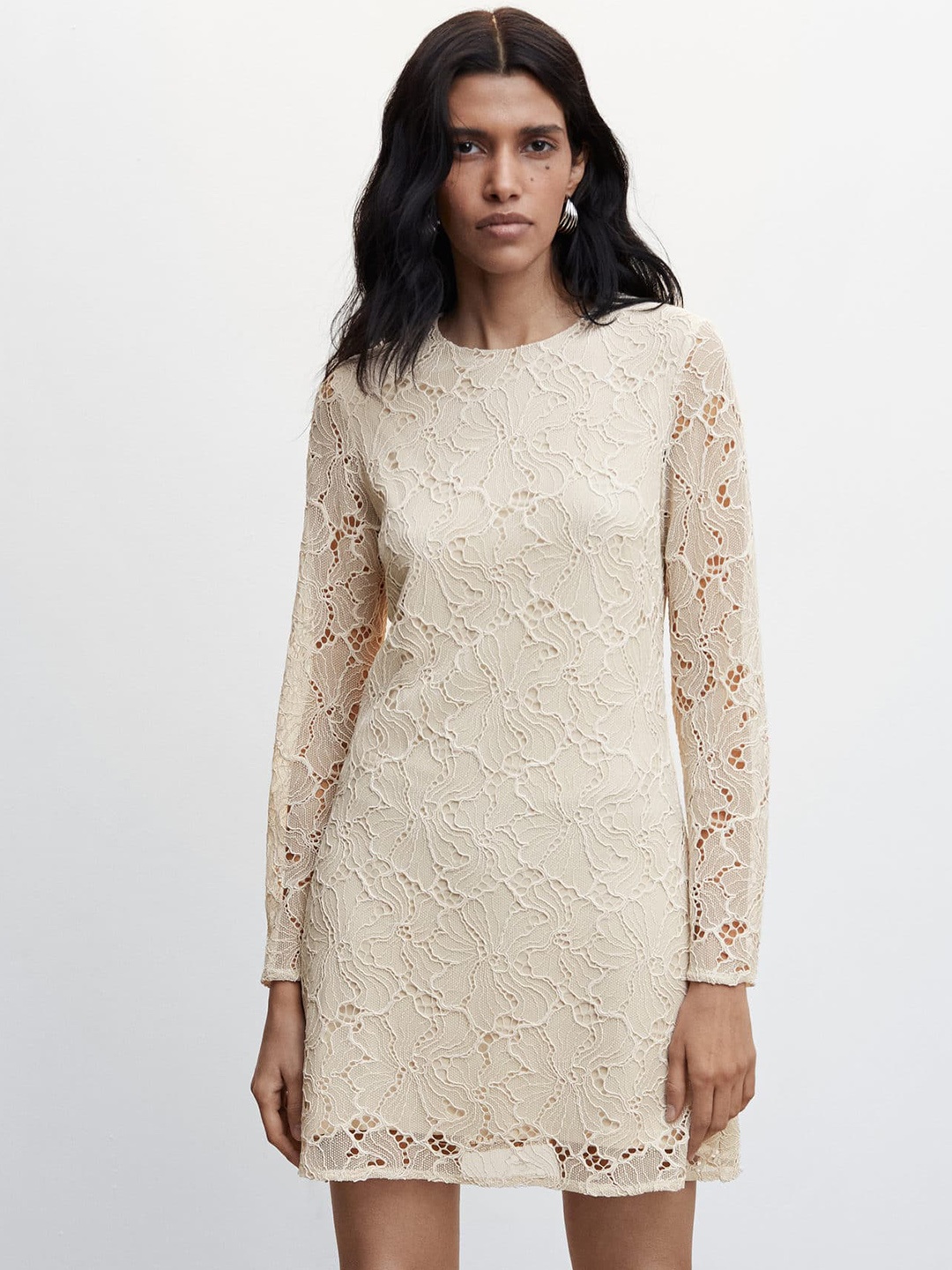 

MANGO Lace A-Line Mini Dress, Beige