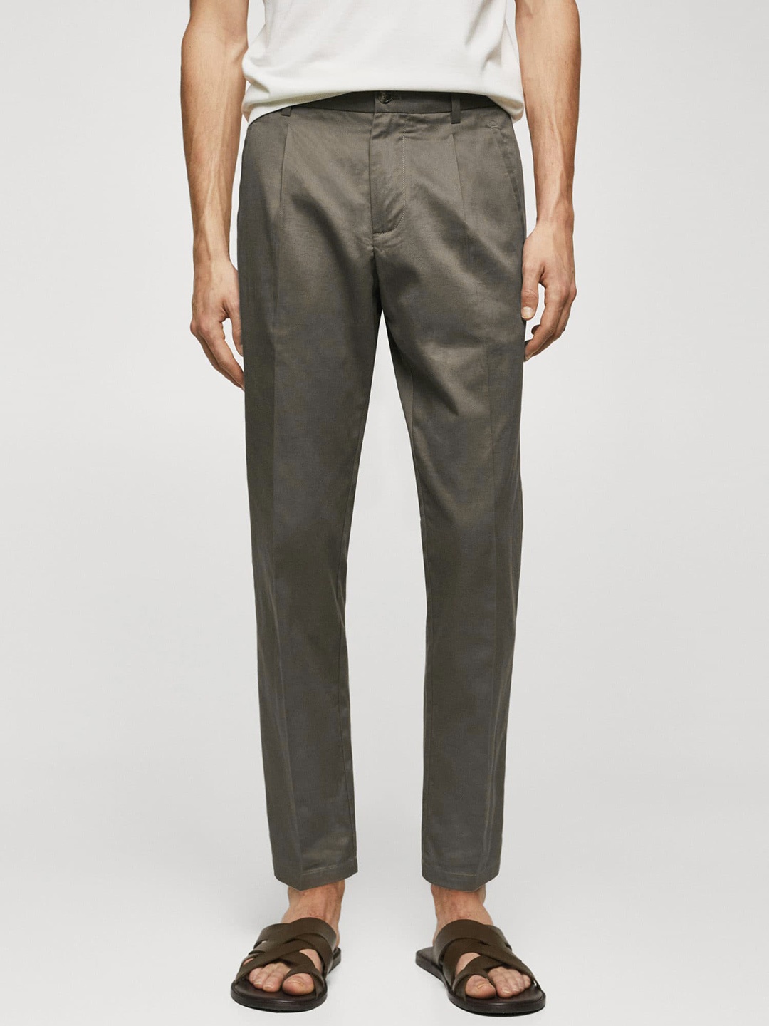

MANGO MAN Slim Fit Cotton Linen Pleated Trousers, Brown