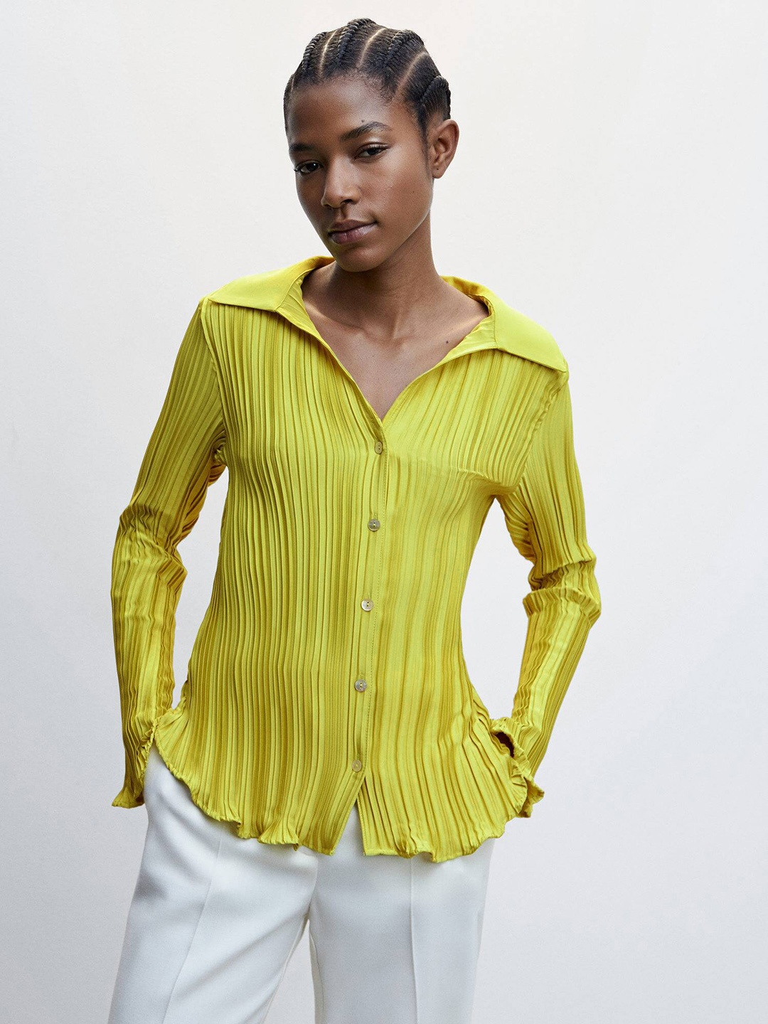 MANGO Accordion Pleated Opaque Casual Shirt, Lime green