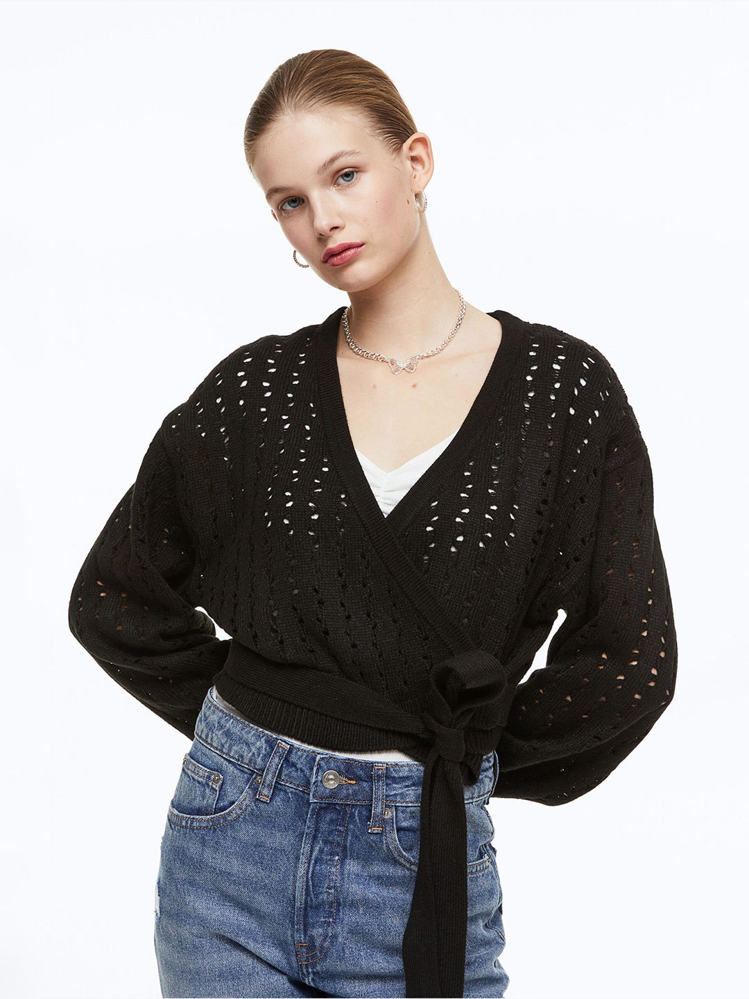 

H&M Hole-Knit Wrapover Acrylic Cardigan, Black