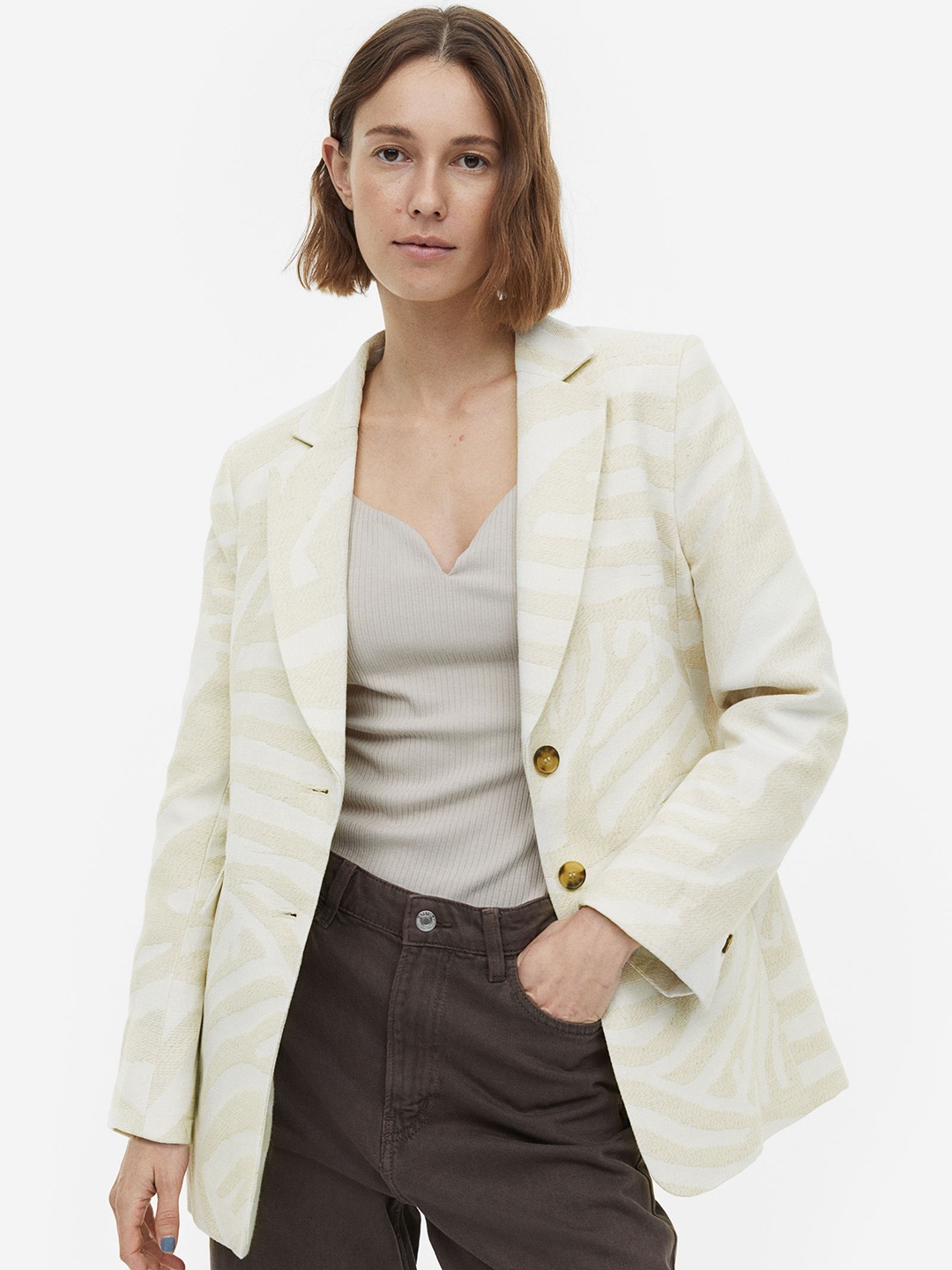 

H&M Women Textured-Weave Blazer, Beige