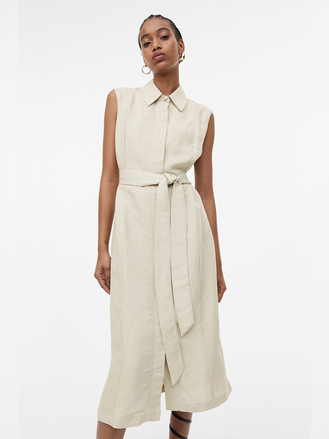 

H&M Women Linen-Blend Shirt Dress, Beige