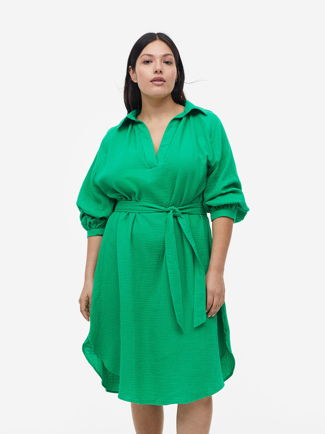 

H&M Pure Cotton Tie-Belt Dress, Green