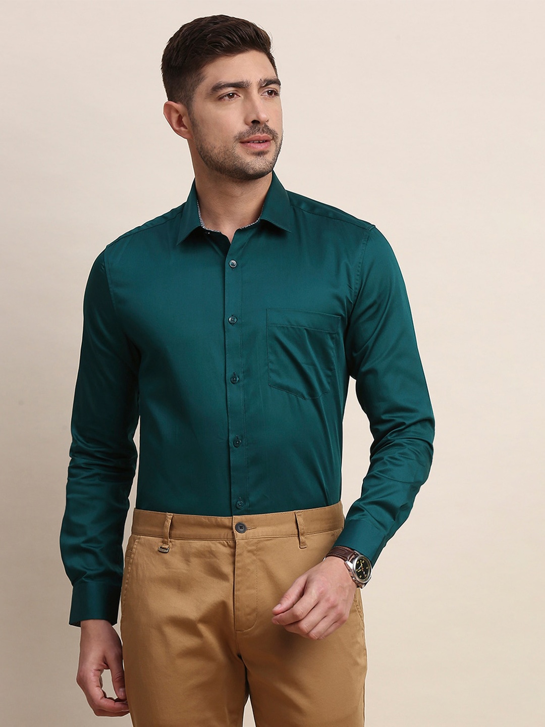 

INVICTUS Original Slim Fit Spread Collar Pure Cotton Formal Shirt, Green