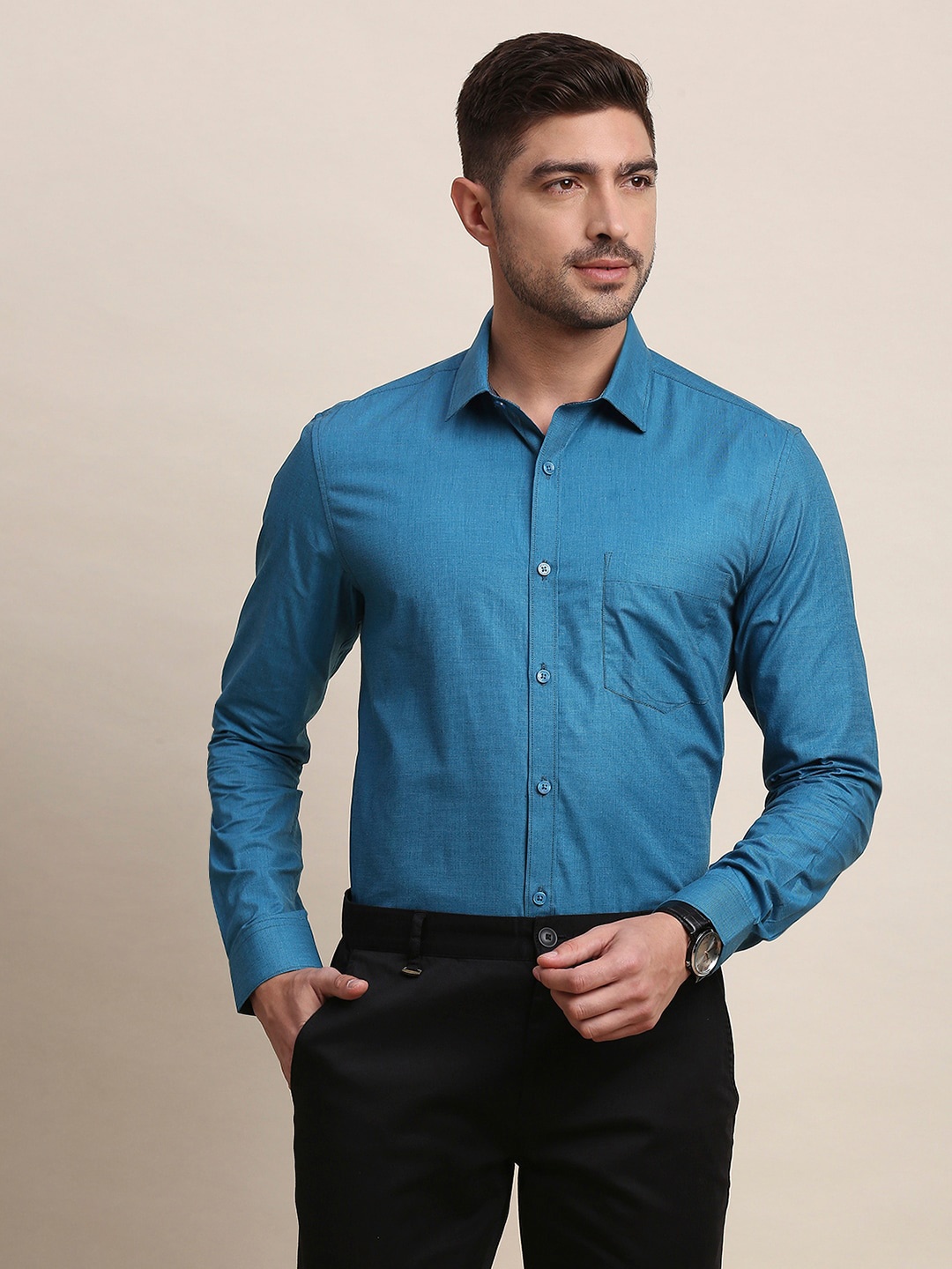 

INVICTUS Original Slim Fit Spread Collar Pure Cotton Formal Shirt, Blue