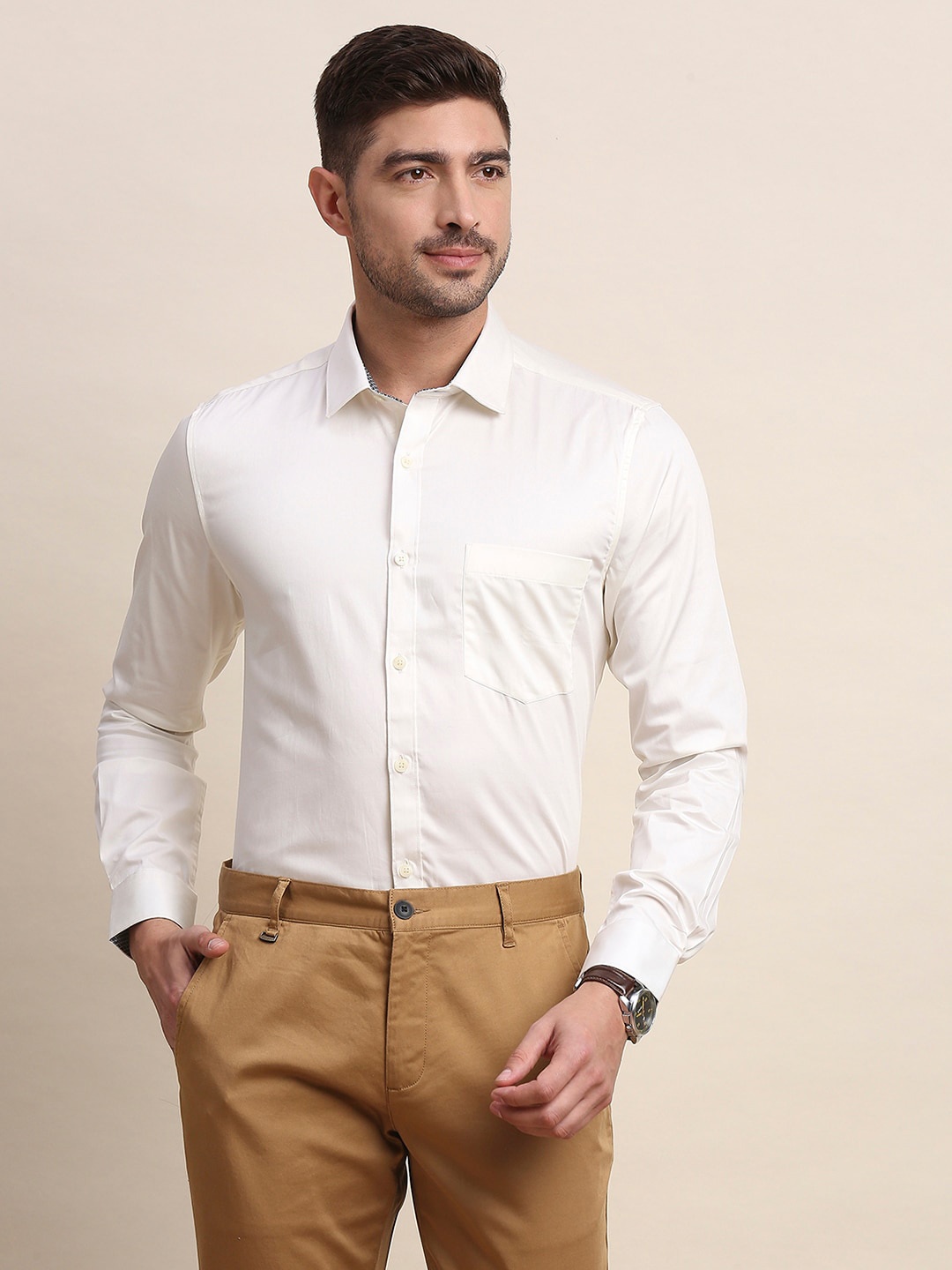 

INVICTUS Original Slim Fit Spread Collar Pure Cotton Formal Shirt, Cream