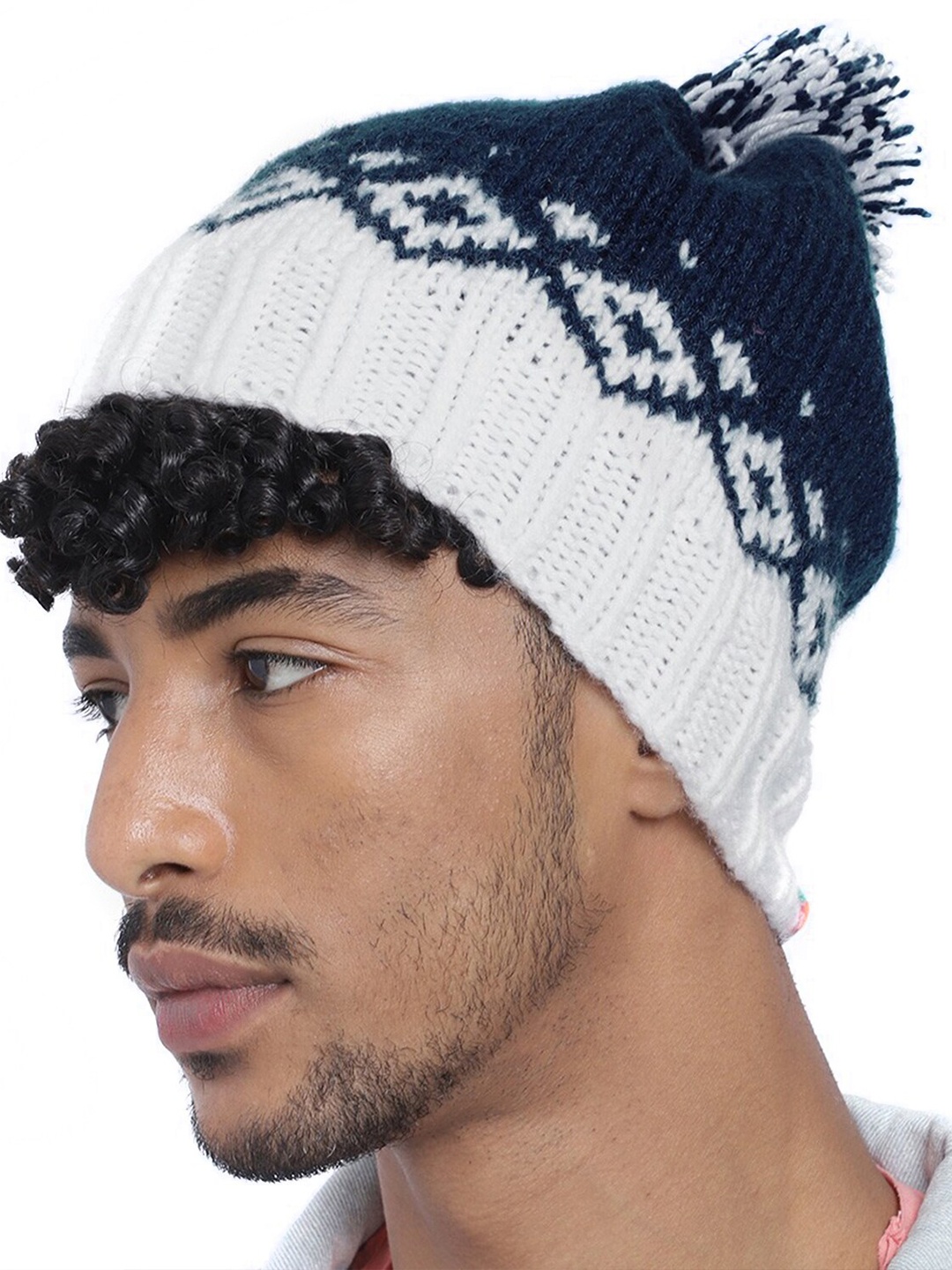 

Magic Needles Men Self Design Acrylic Beanie With Pompom, Navy blue