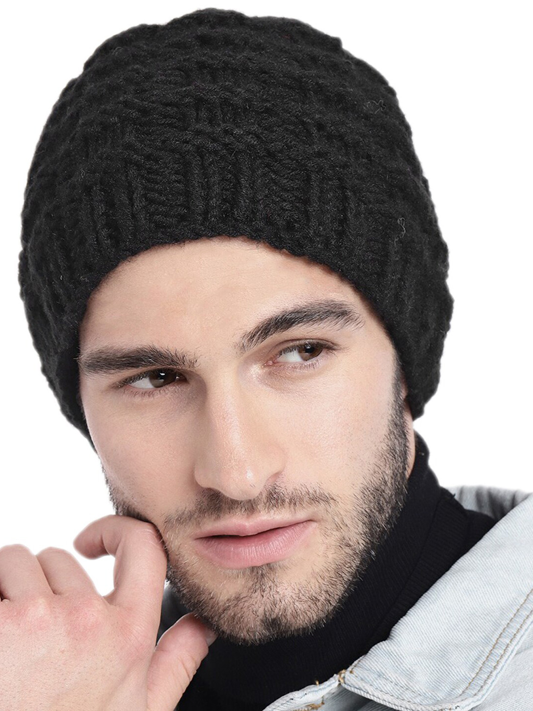 

Magic Needles Men Self Design Acrylic Beanie, Black