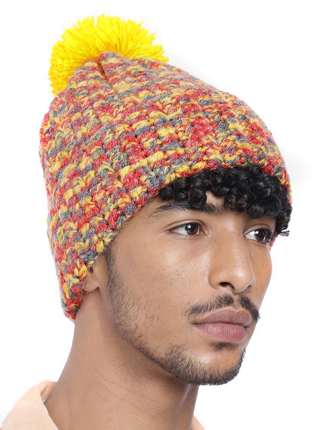 

Magic Needles Men Self Design Acrylic Beanie With Pompom, Red