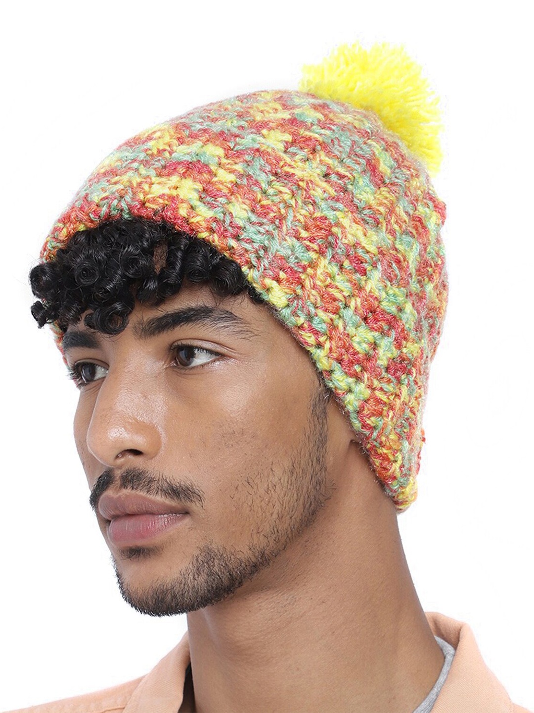 

Magic Needles Men Self Design Acrylic Beanie With Pompom, Yellow
