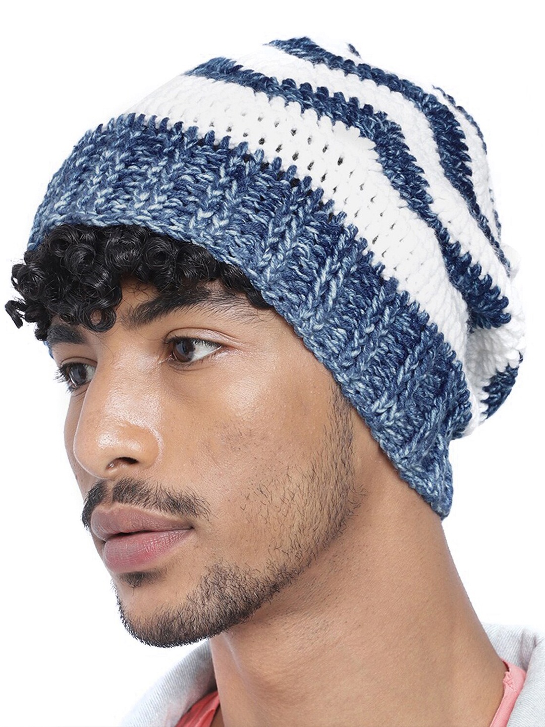 

Magic Needles Men Self Design Zig Zag Acrylic Beanie, Blue