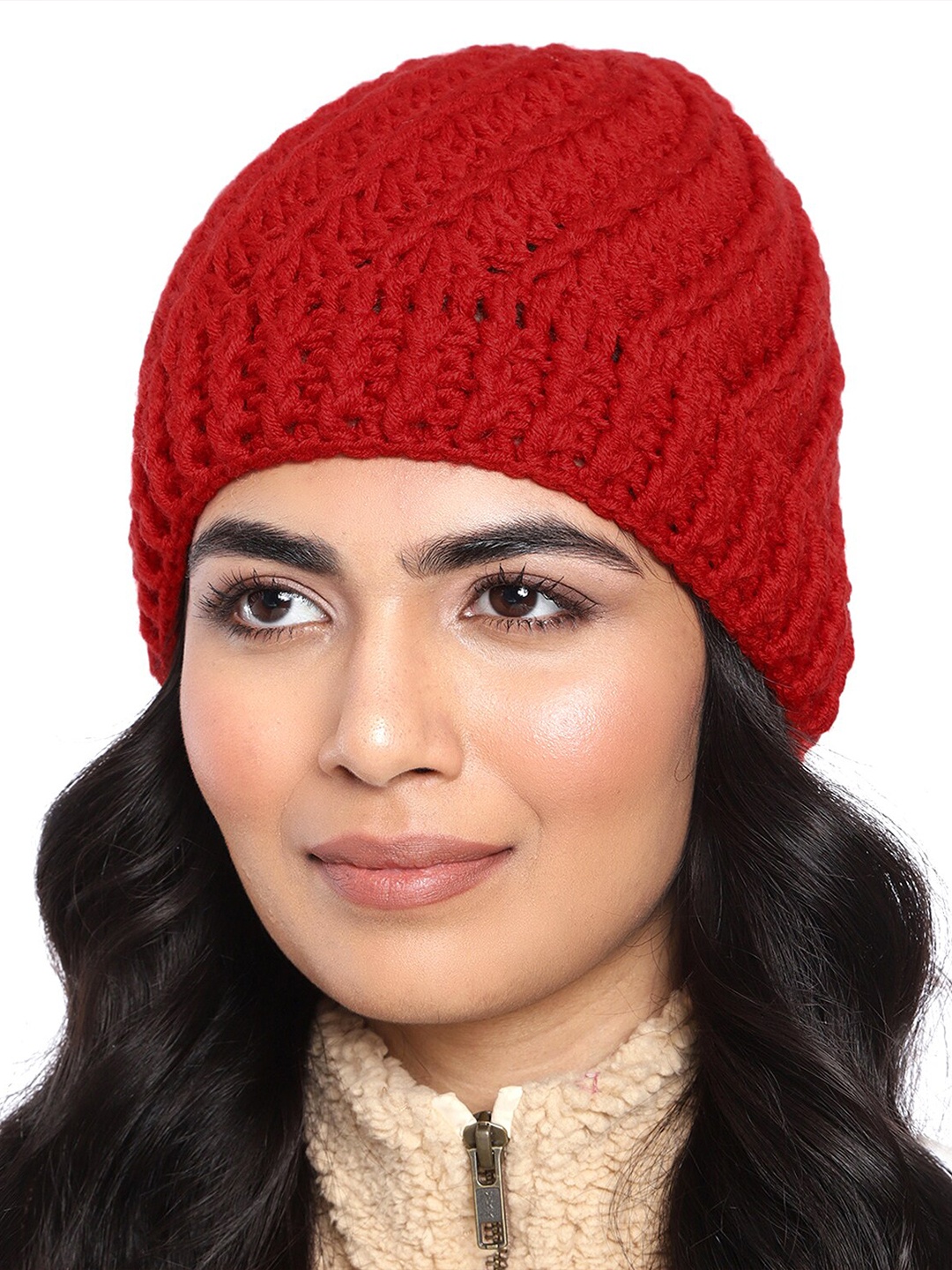 

Magic Needles Men Self-Design Diagonal Acrylic Beanie, Red