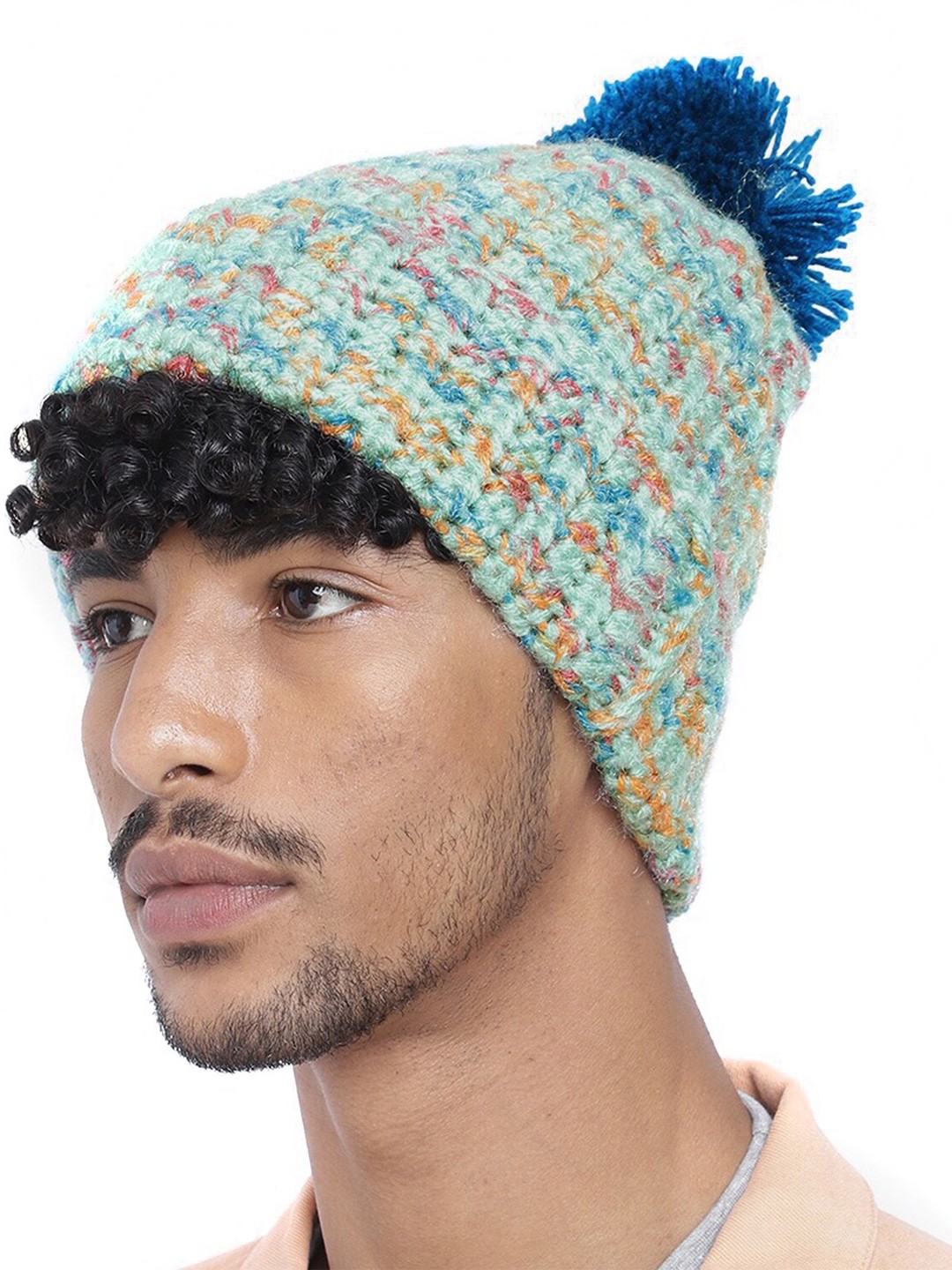 

Magic Needles Men Self Design Acrylic Beanie With Pompom, Blue