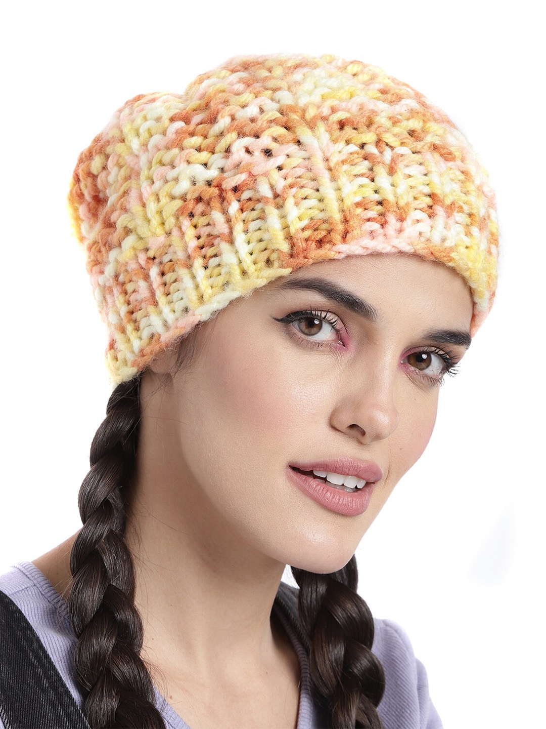 

Magic Needles Women Acrylic Self Design Beanie, Yellow