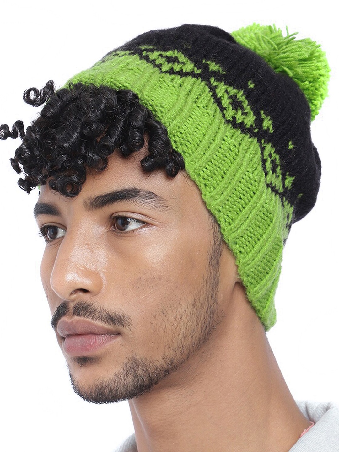 

Magic Needles Men Self Design Acrylic Beanie With Pompom, Green