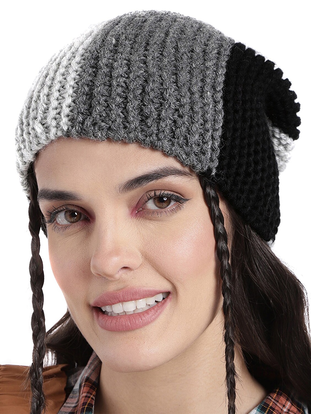 

Magic Needles Men Self Design Colourblocked Acrylic Beanie, Grey