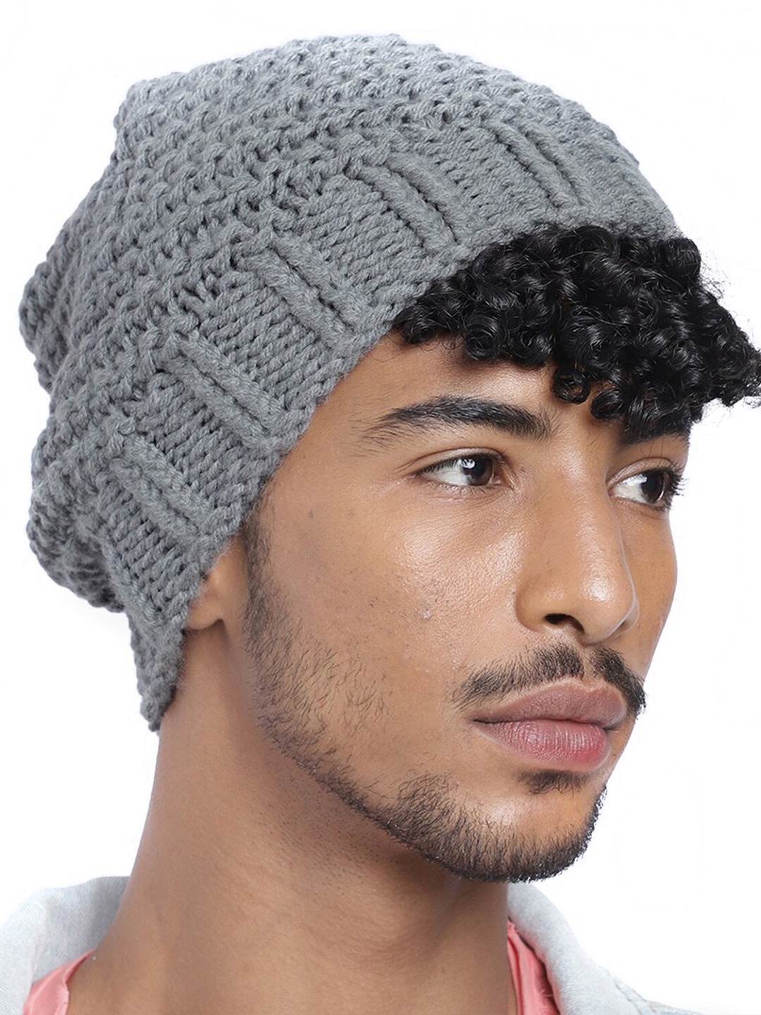 

Magic Needles Men Self Design Diagonal Acrylic Beanie, Grey
