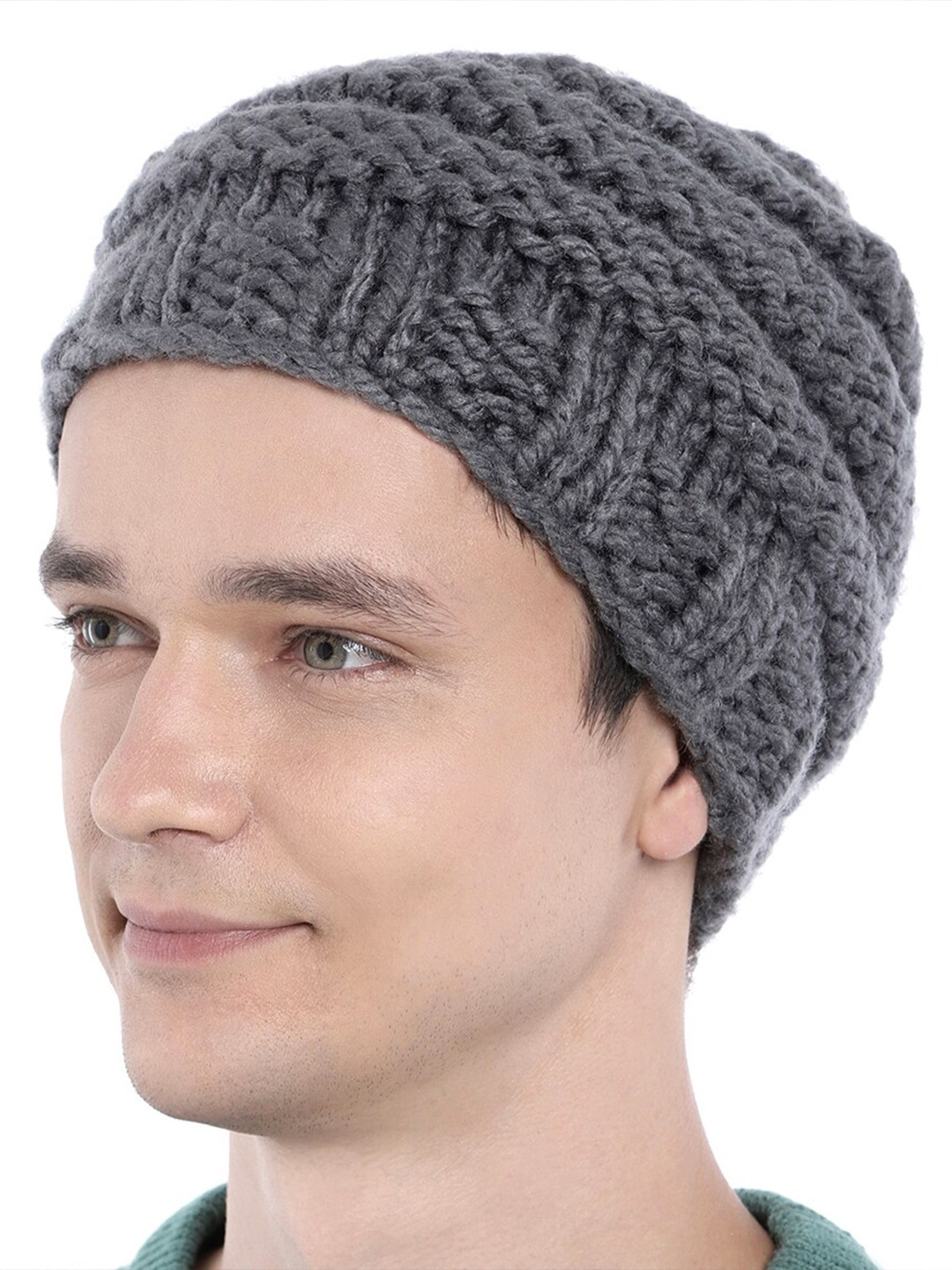 

Magic Needles Men Acrylic Self Design Beanie, Grey