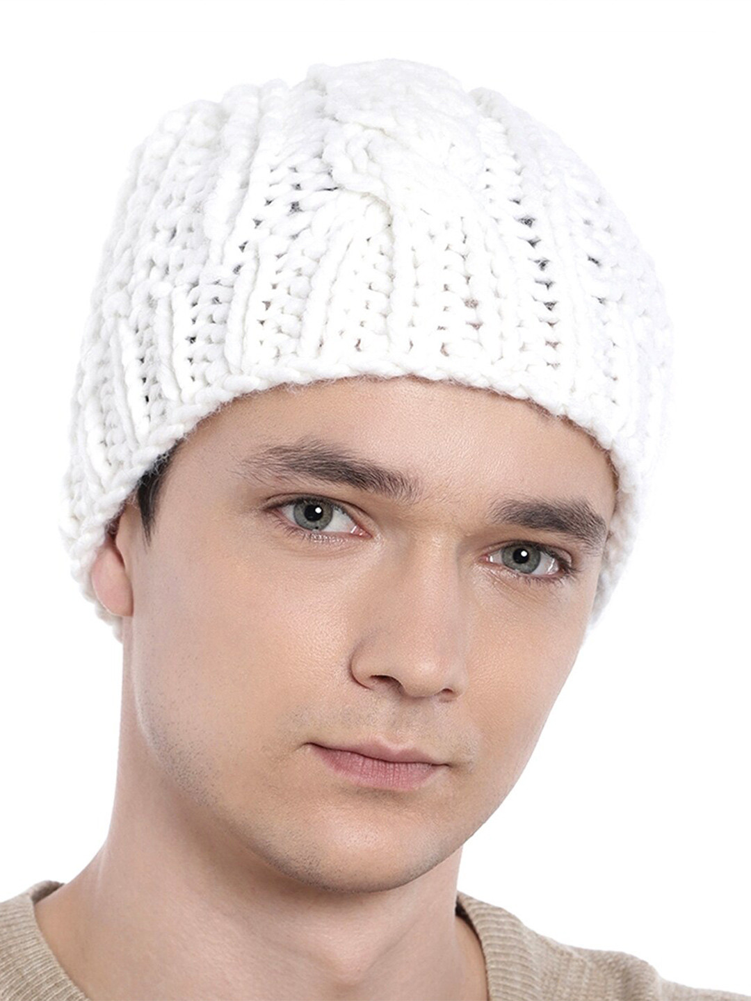 

Magic Needles Men Self Design Knitted Acrylic Beanie, White