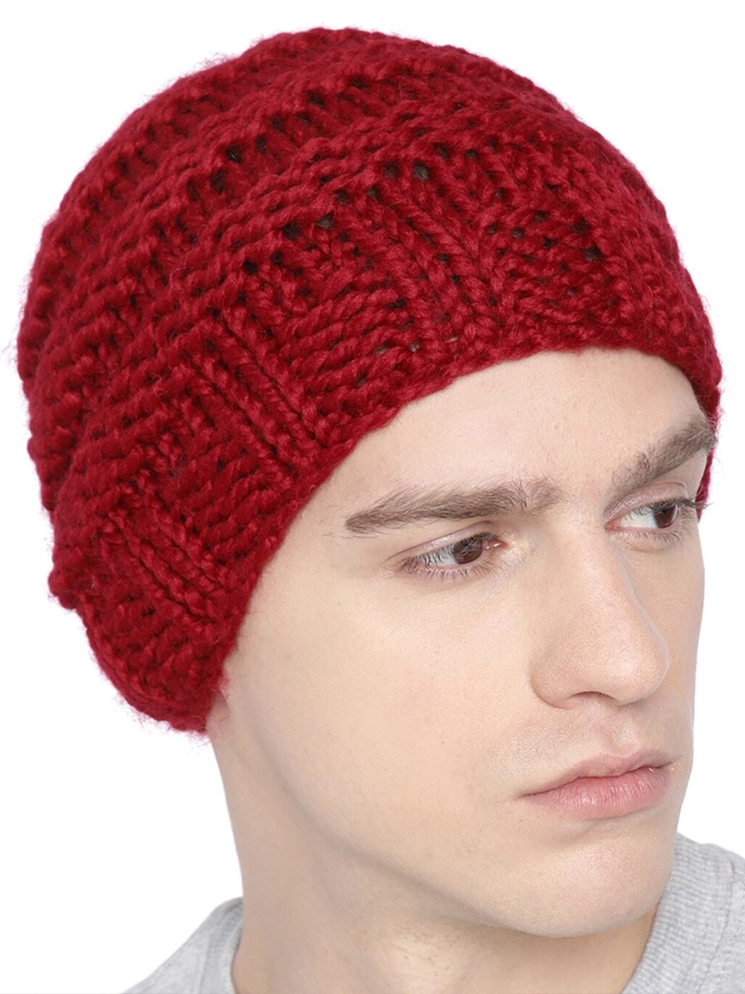 

Magic Needles Men Self Design Knitted Acrylic Beanie, Maroon