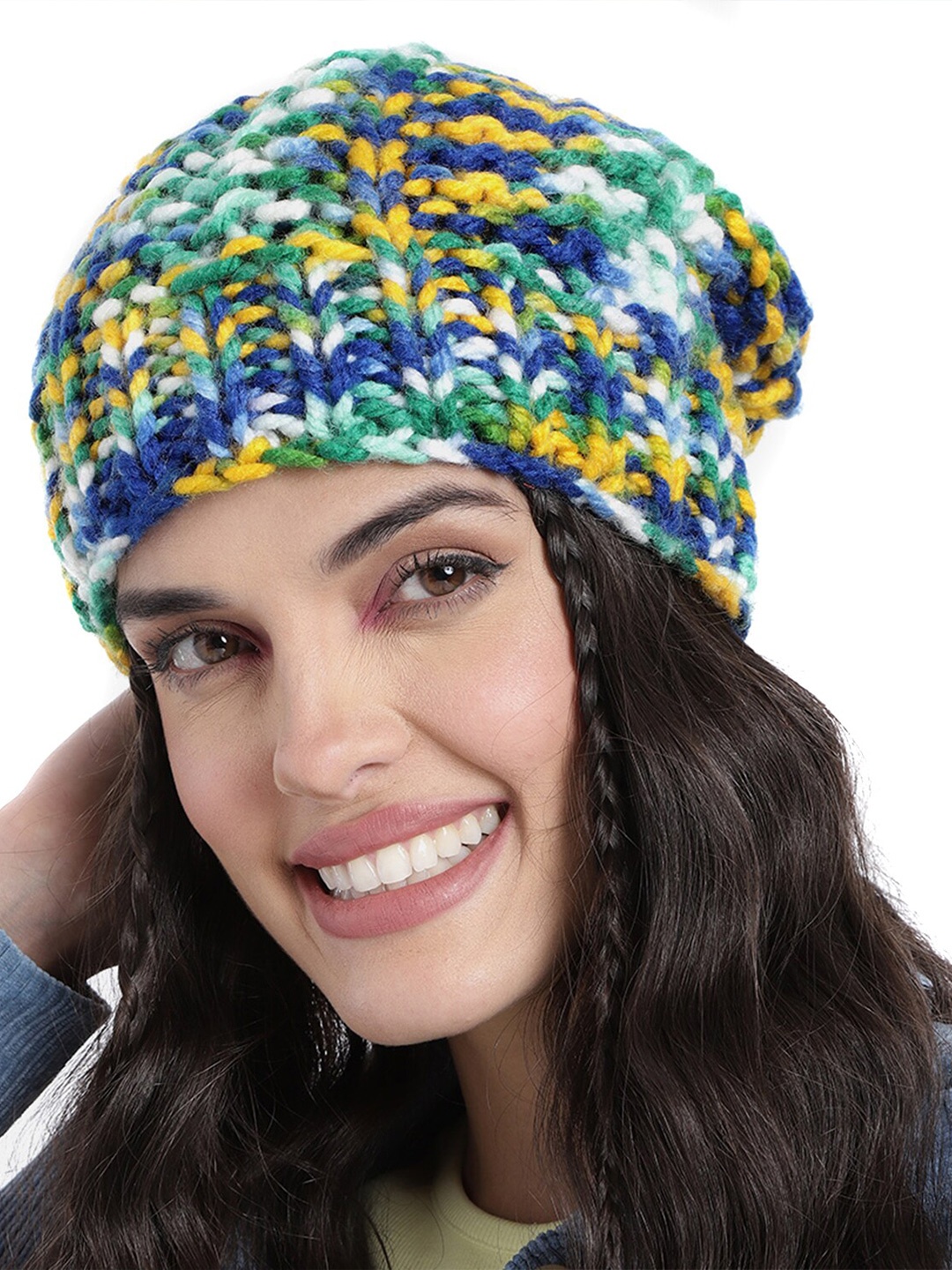 

Magic Needles Women Acrylic Self Design Beanie, Blue