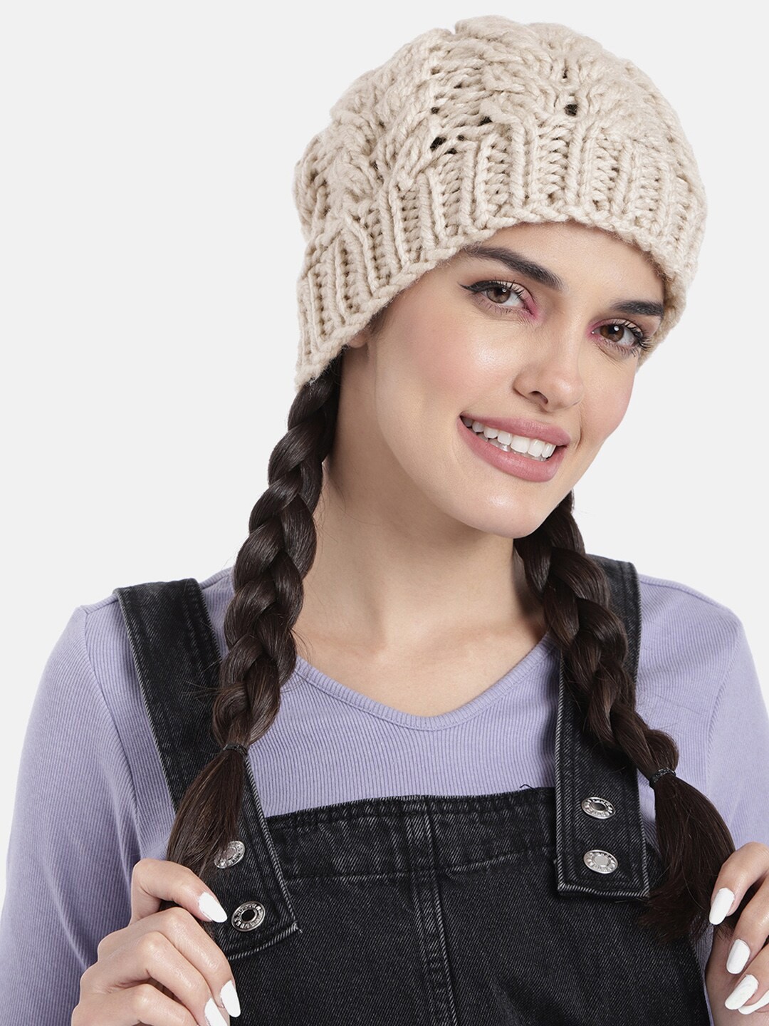 

Magic Needles Women Self Design Knitted Acrylic Beanie, Beige