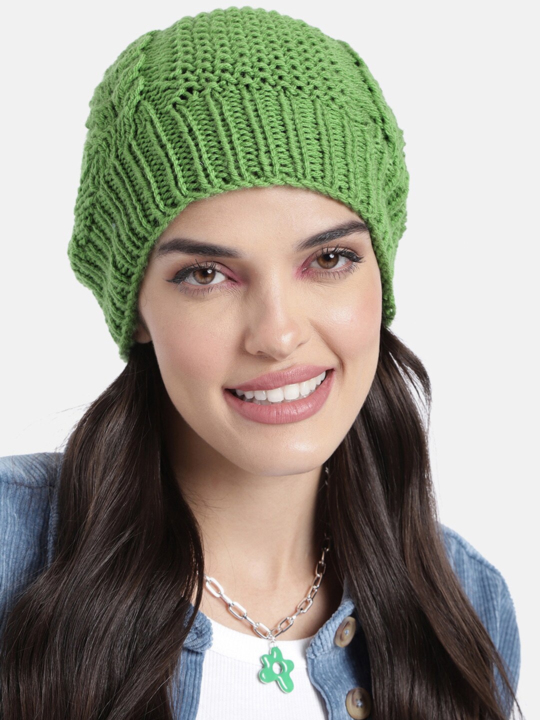 

Magic Needles Women Self Design Knitted Acrylic Beanie, Green